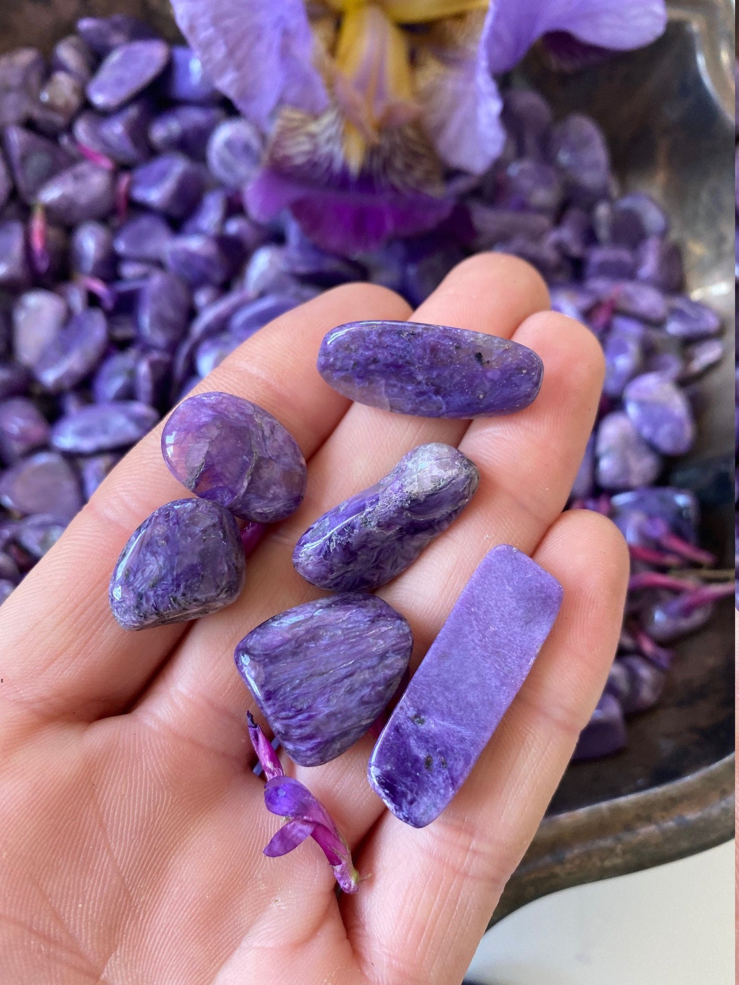 Charoite Tumbled Grid Stones 6 Piece Set Grade AAA XSmall