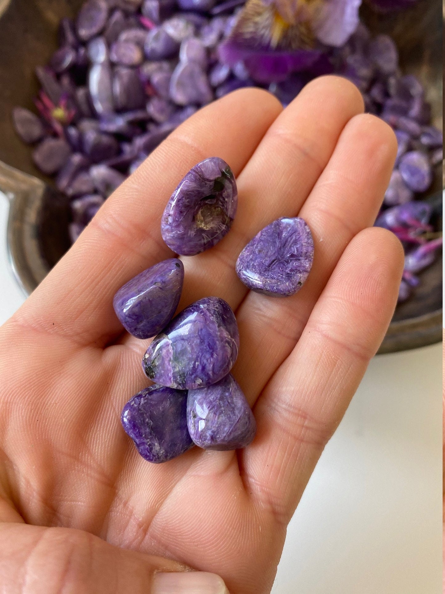 Charoite Tumbled Grid Stones 6 Piece Set Grade AAA XSmall