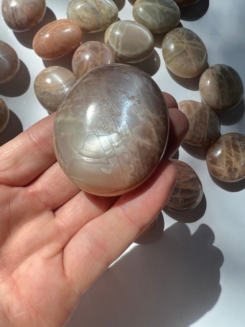 Peach Moonstone Palm Stone: Small Iridescent Polished Madagascar Feldspar