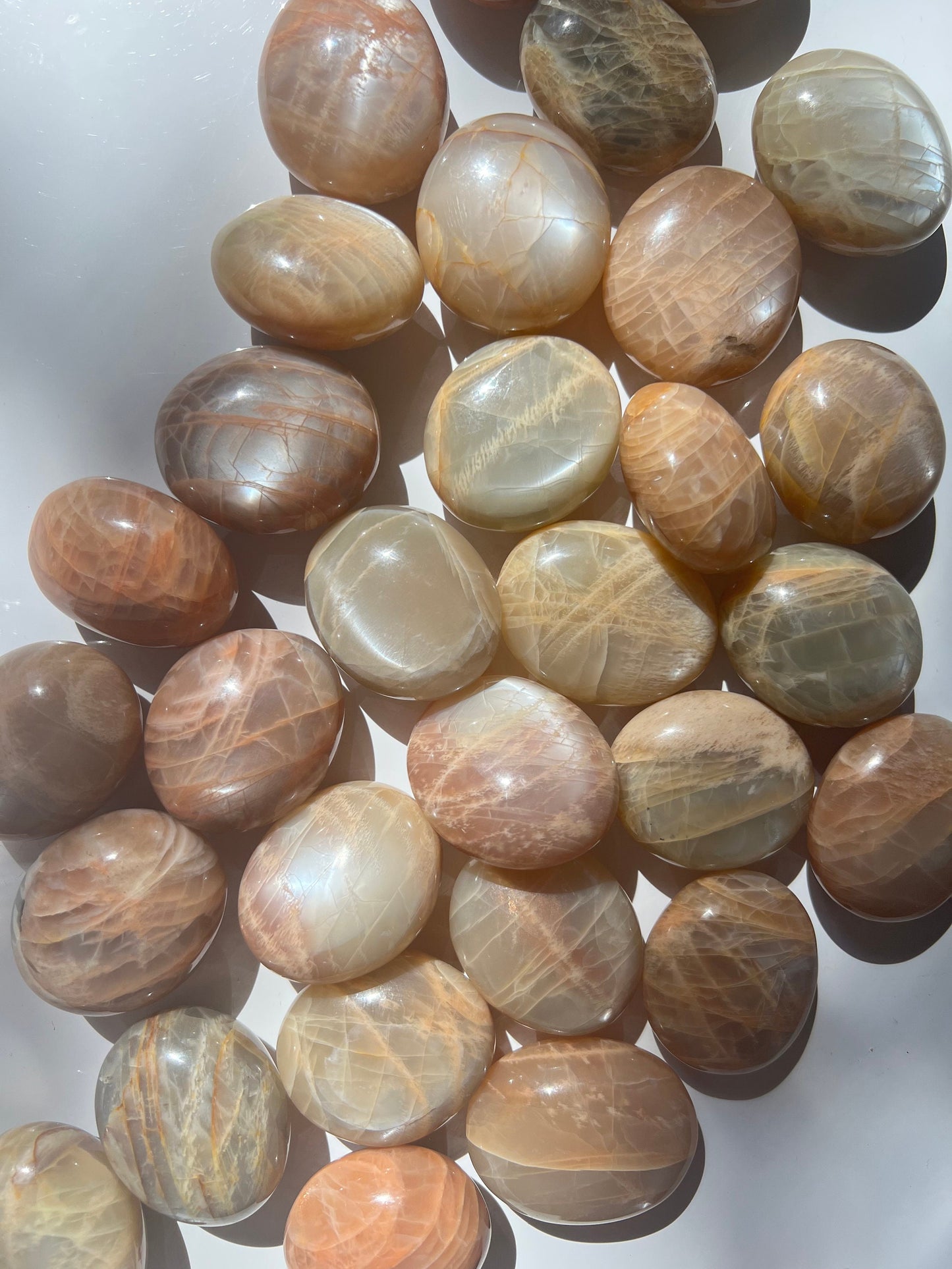 Peach Moonstone Palm Stone: Small Iridescent Polished Madagascar Feldspar