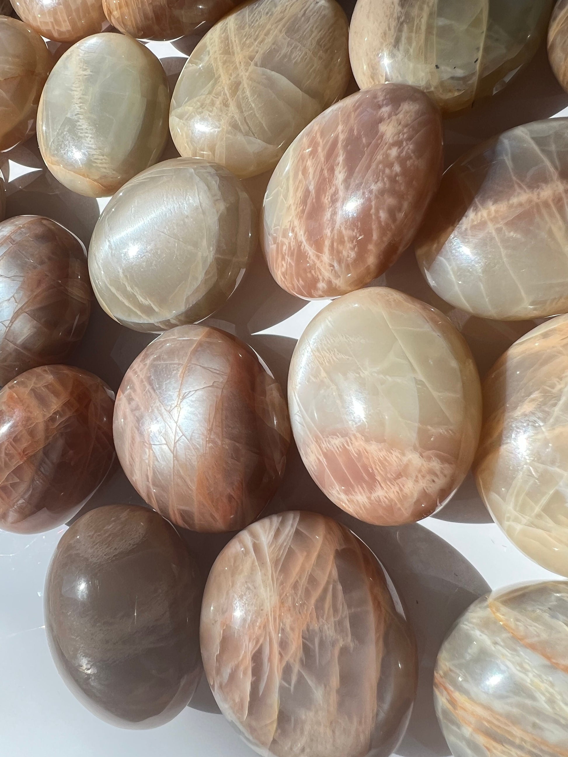 Peach Moonstone Palm Stone: Small Iridescent Polished Madagascar Feldspar
