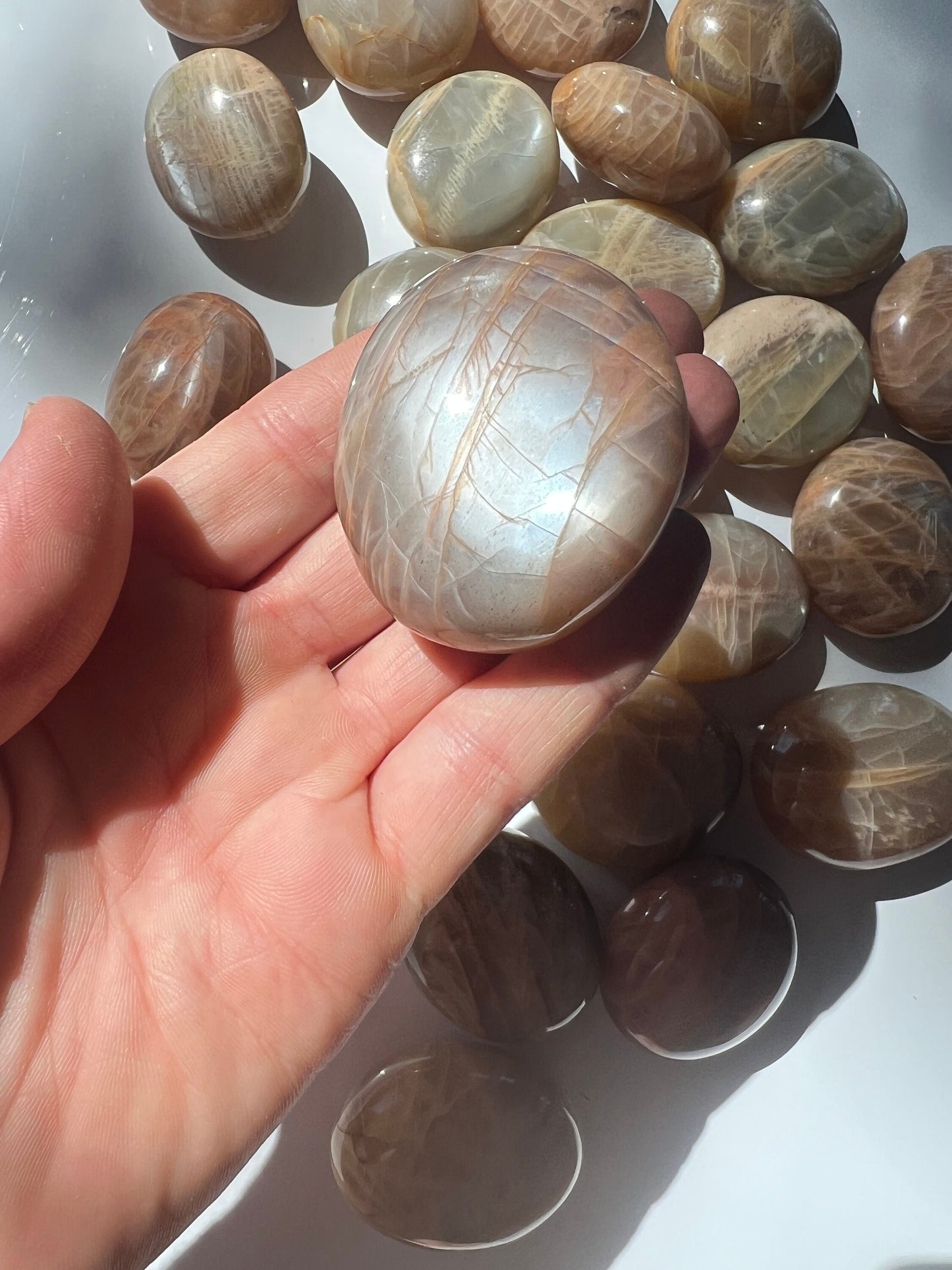 Peach Moonstone Palm Stone: Small Iridescent Polished Madagascar Feldspar