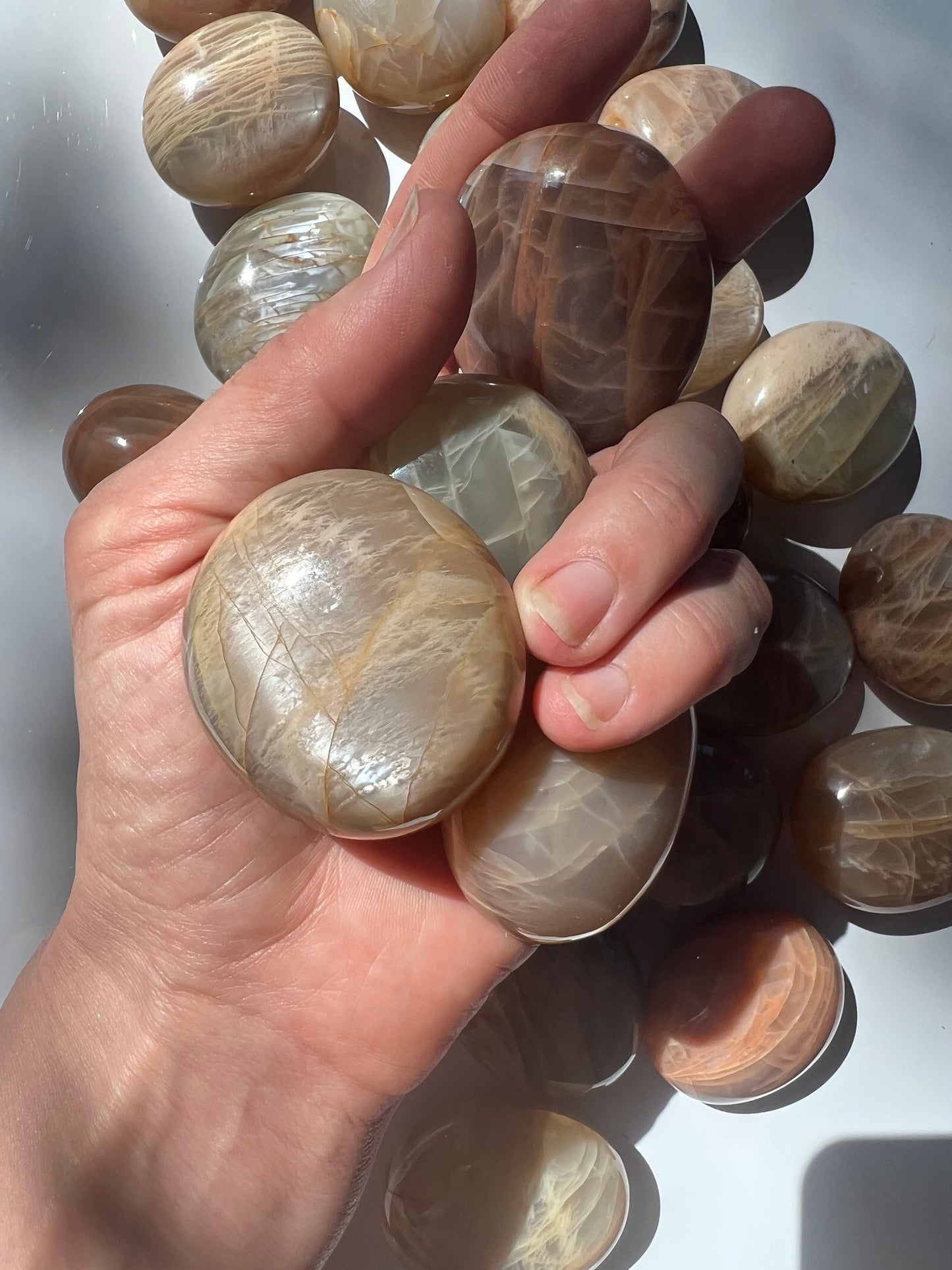 Peach Moonstone Palm Stone: Small Iridescent Polished Madagascar Feldspar