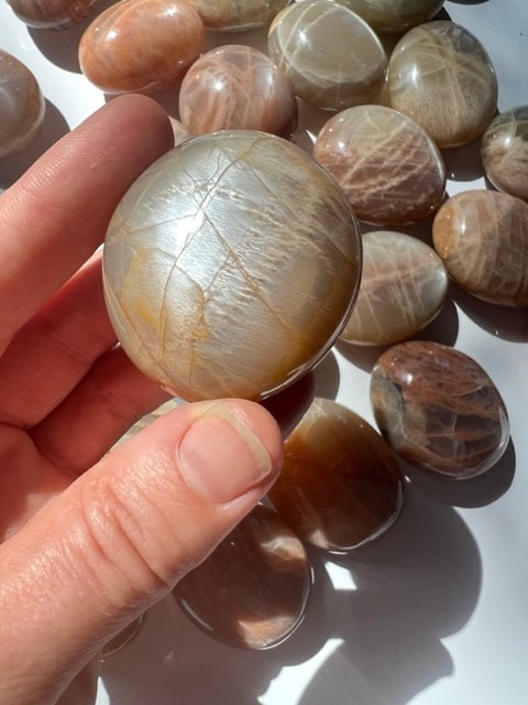 Peach Moonstone Palm Stone: Small Iridescent Polished Madagascar Feldspar