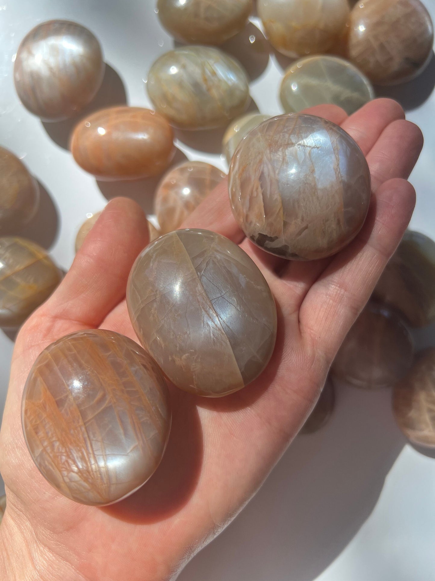 Peach Moonstone Palm Stone: Small Iridescent Polished Madagascar Feldspar