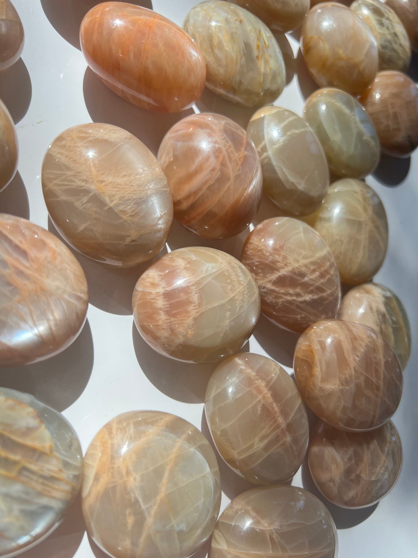 Peach Moonstone Palm Stone: Small Iridescent Polished Madagascar Feldspar