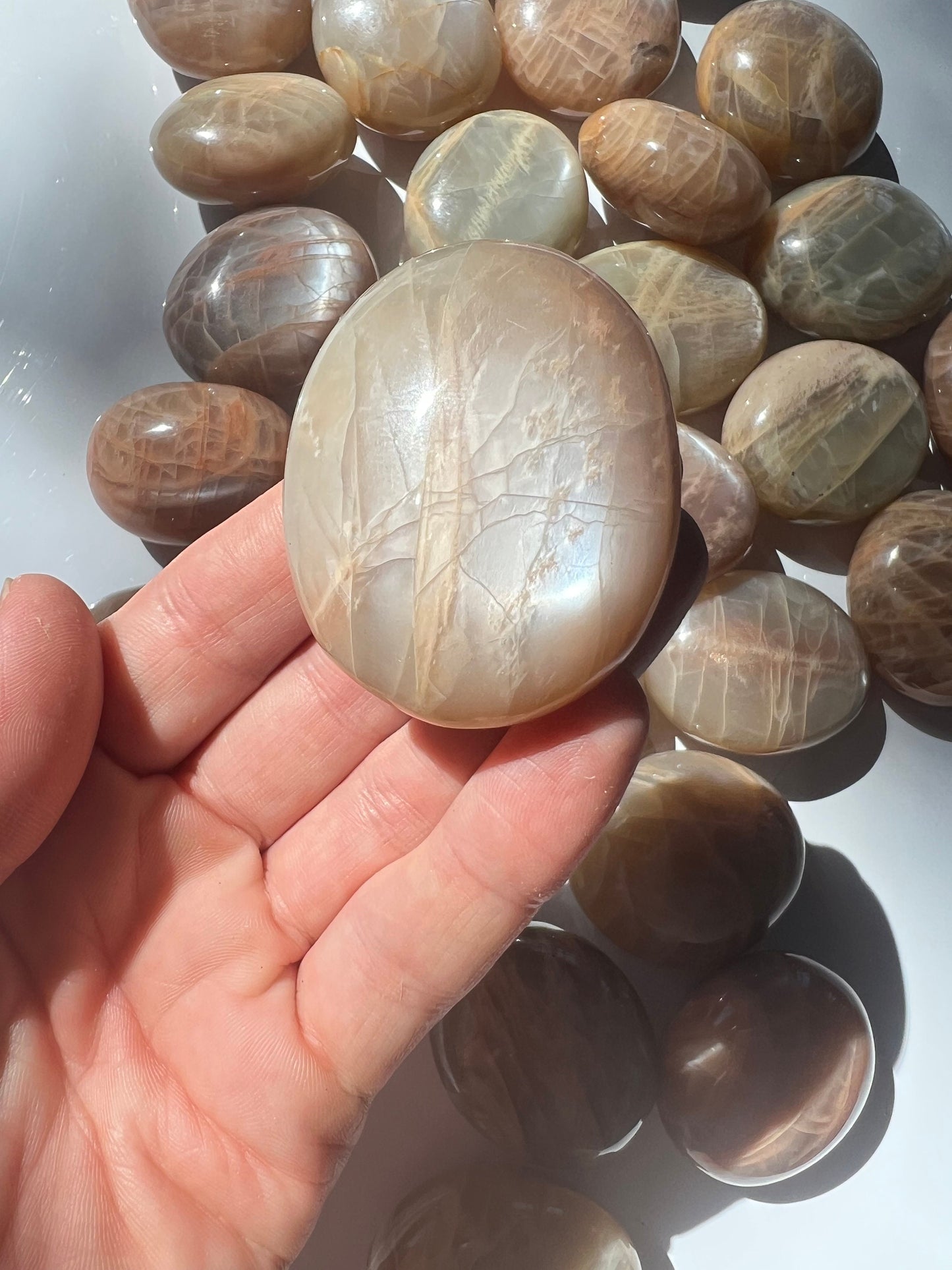 Peach Moonstone Palm Stone: Small Iridescent Polished Madagascar Feldspar