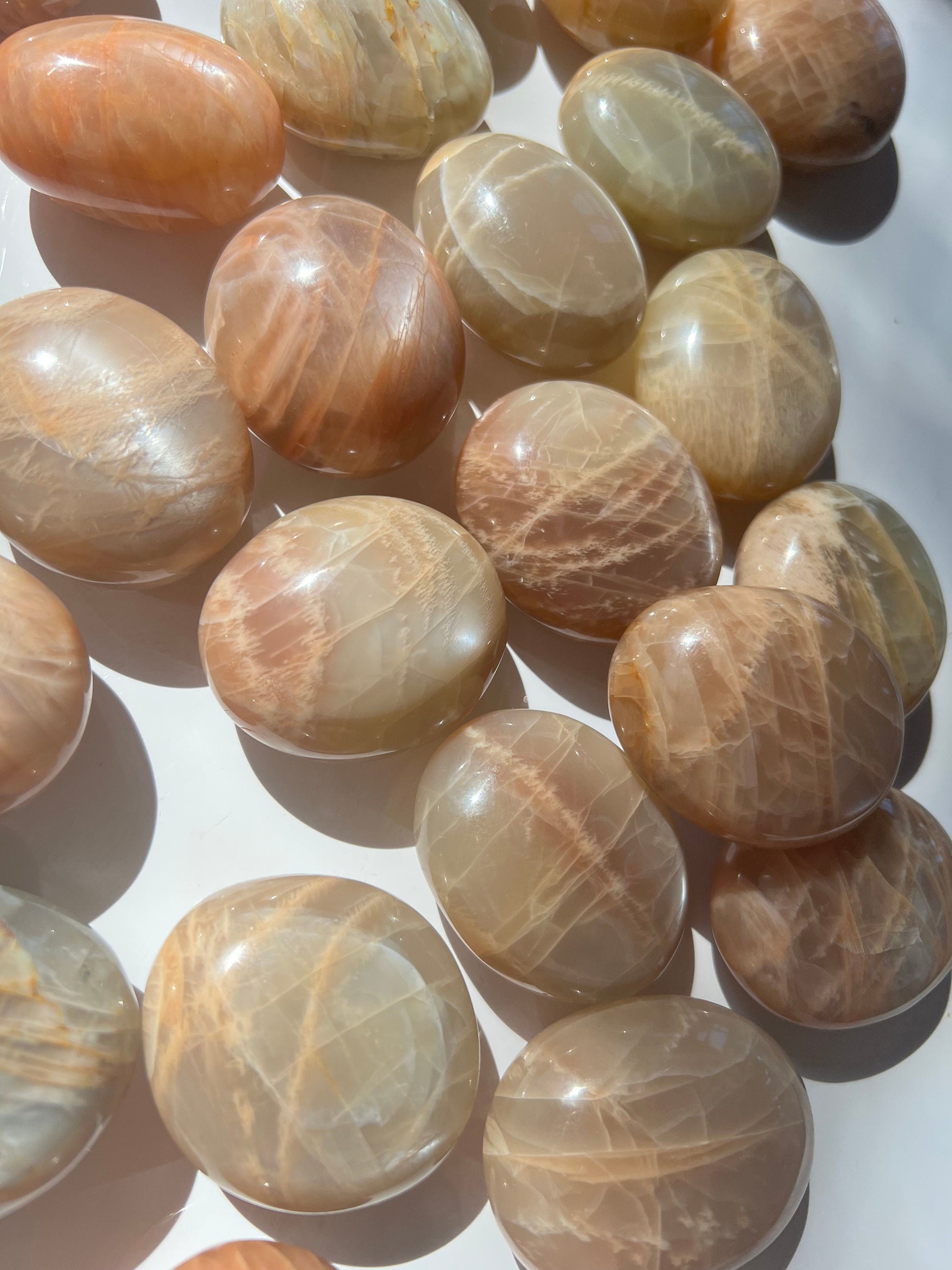 Peach Moonstone Palm Stone: Small Iridescent Polished Madagascar Feldspar