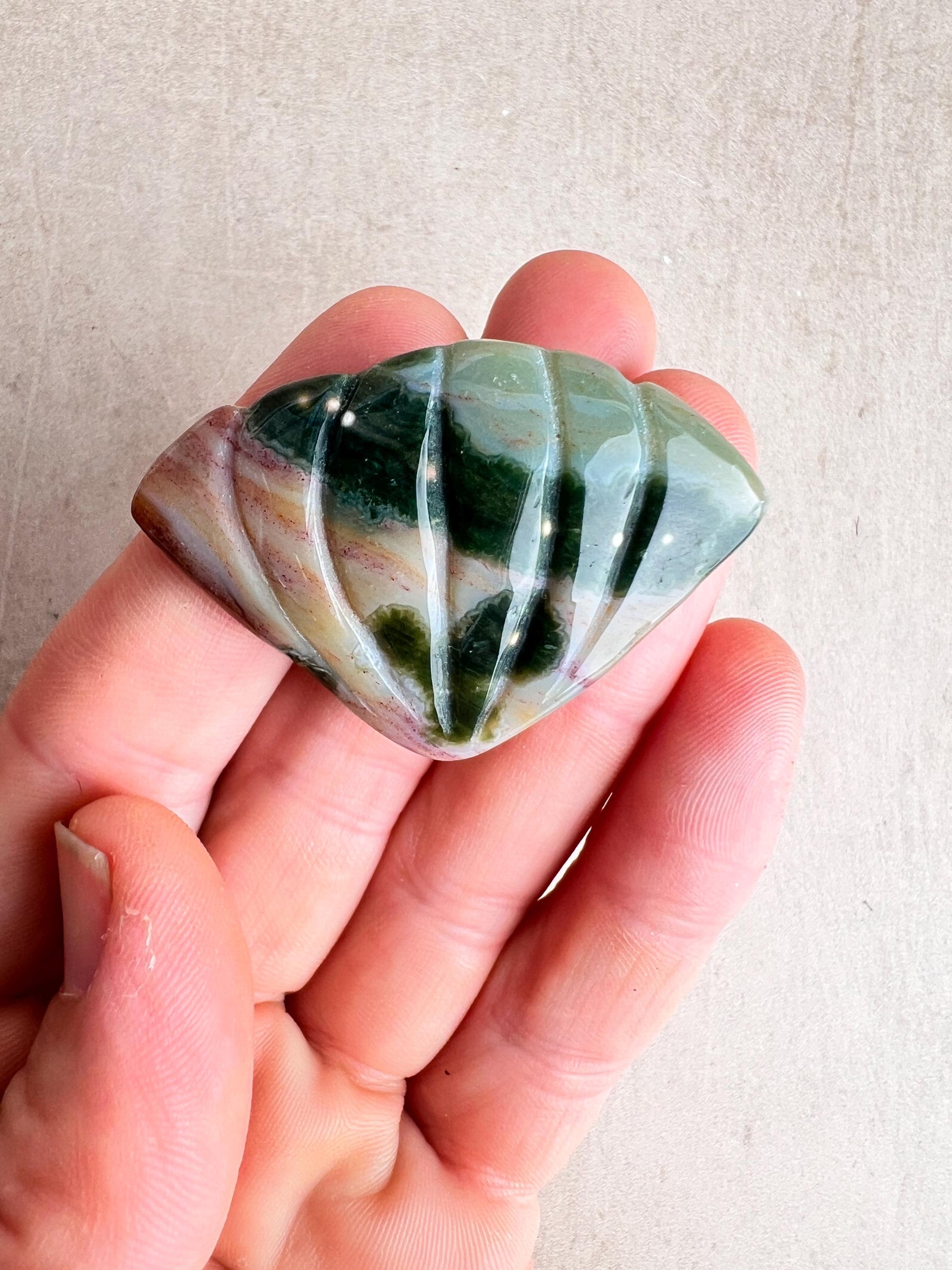 Ocean Jasper Seashell Carving: Hand Carved Crystal Decor