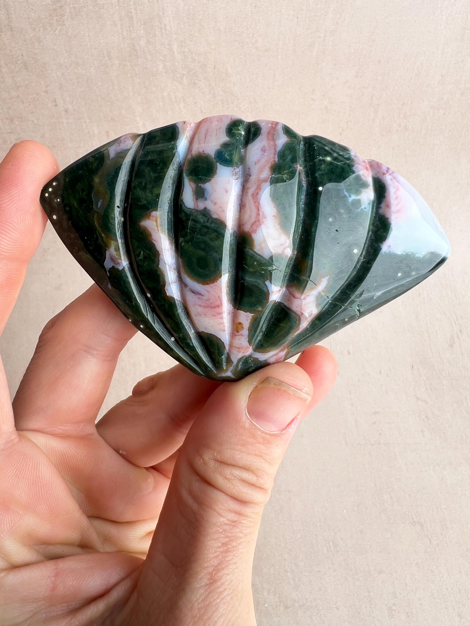 XXL Ocean Jasper Seashell Carving: Hand Carved Crystal Decor