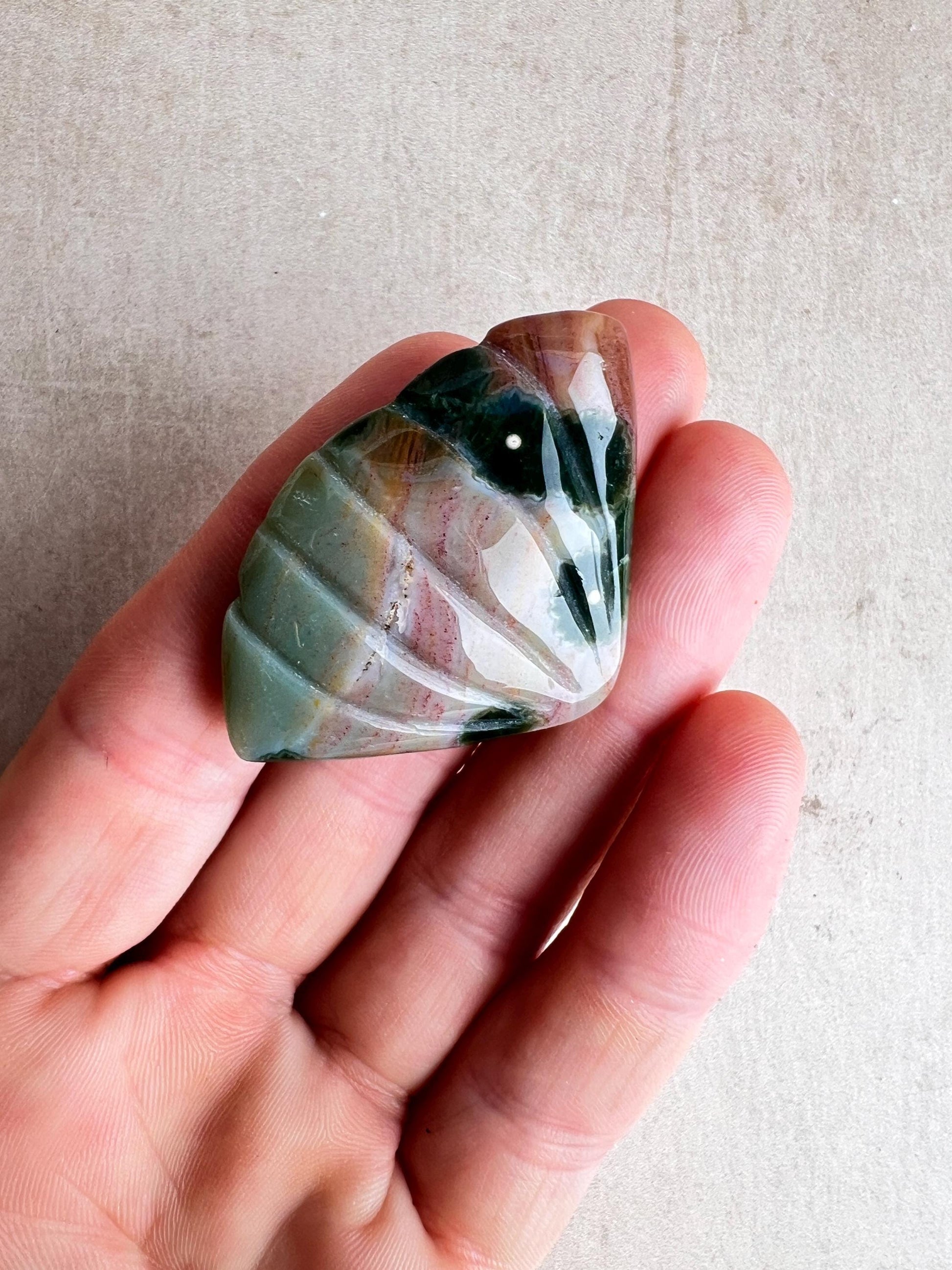 Ocean Jasper Seashell Carving: Hand Carved Crystal Decor
