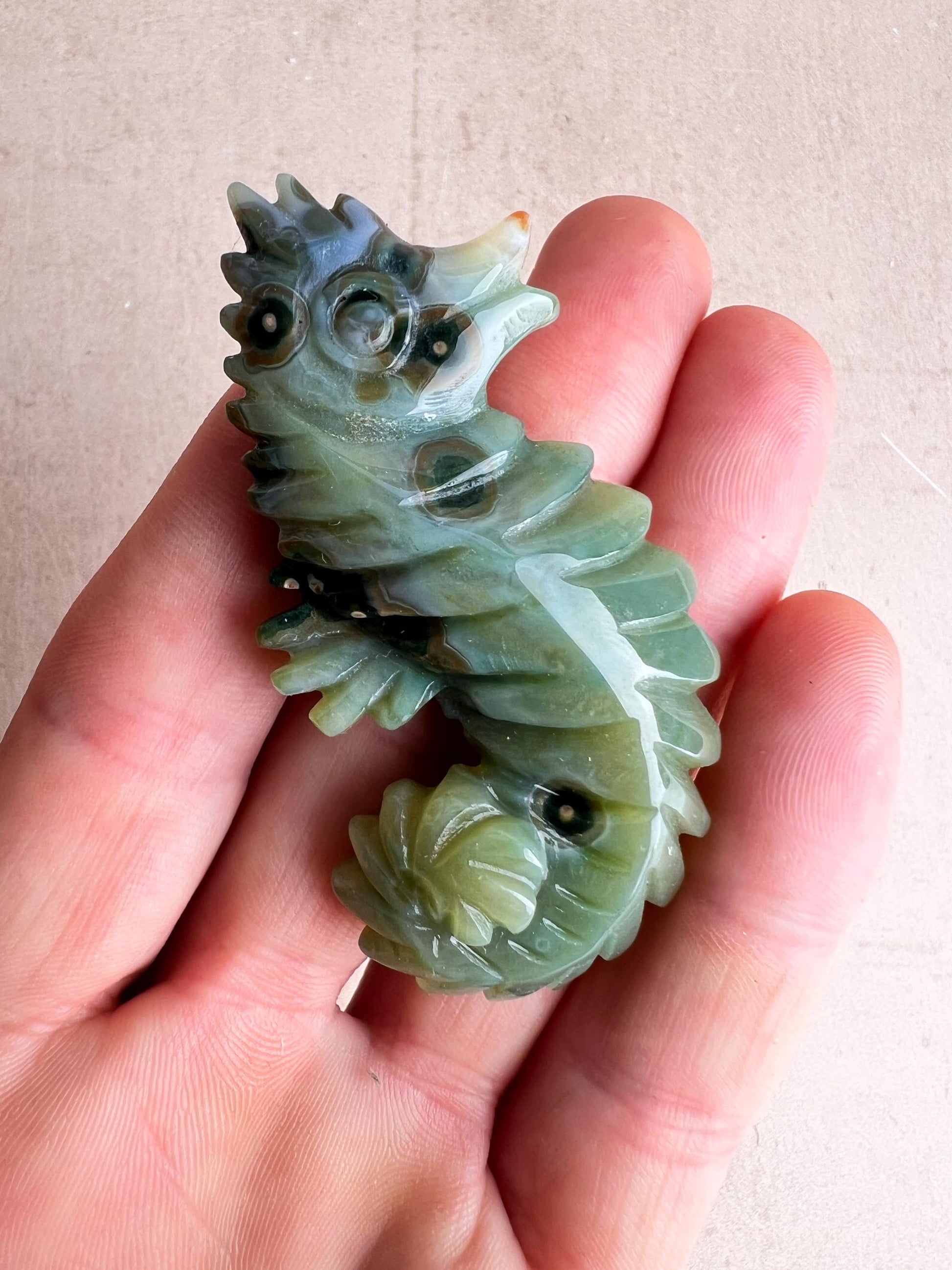 Ocean Jasper Carved Seahorse: Coastal Crystal Figurine