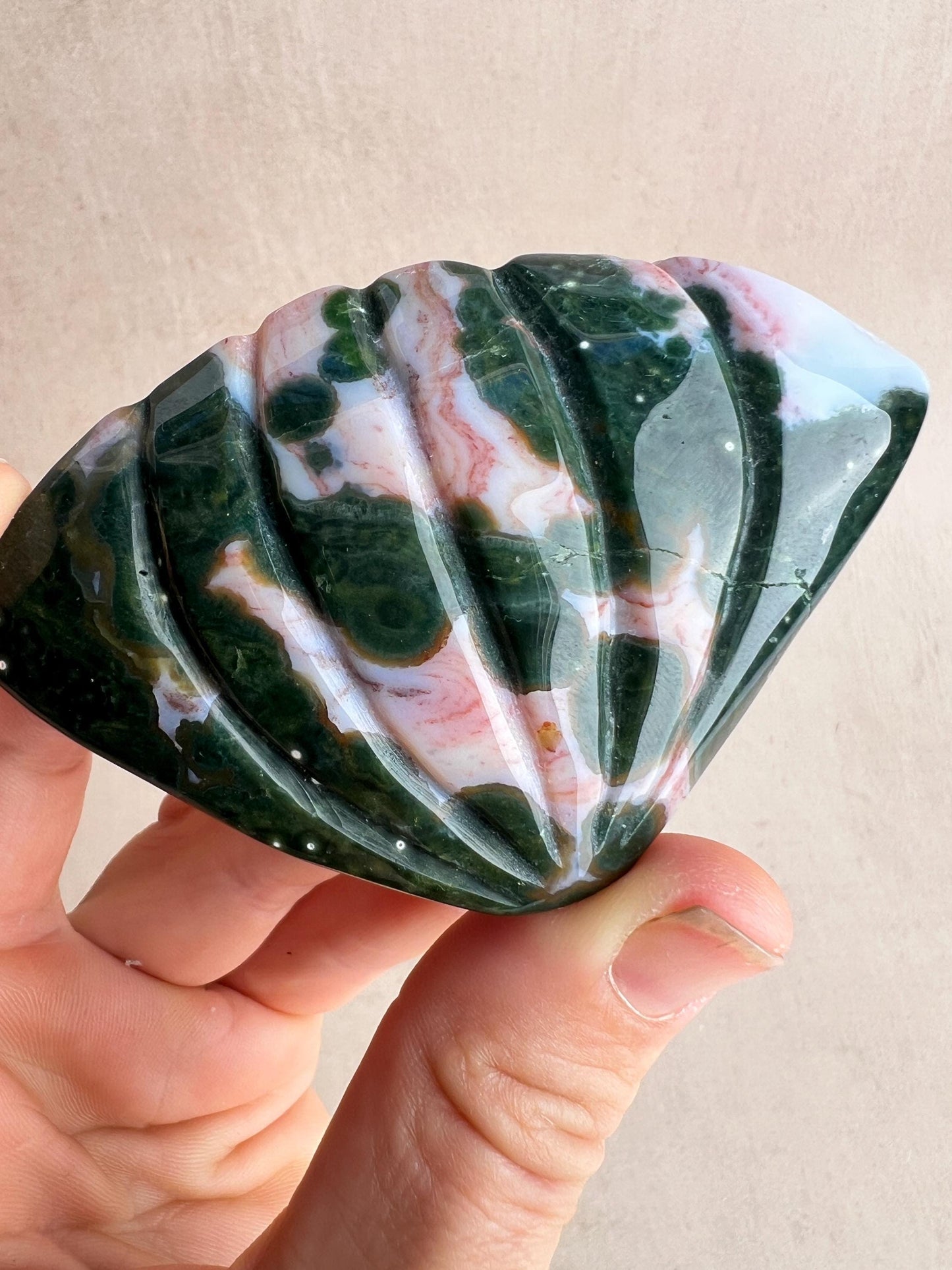 XXL Ocean Jasper Seashell Carving: Hand Carved Crystal Decor