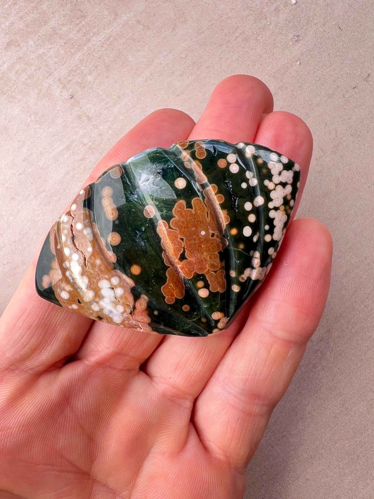 Rare Ocean Jasper Sea Shell Carving: Earthy Boho Beach Decor Specimen
