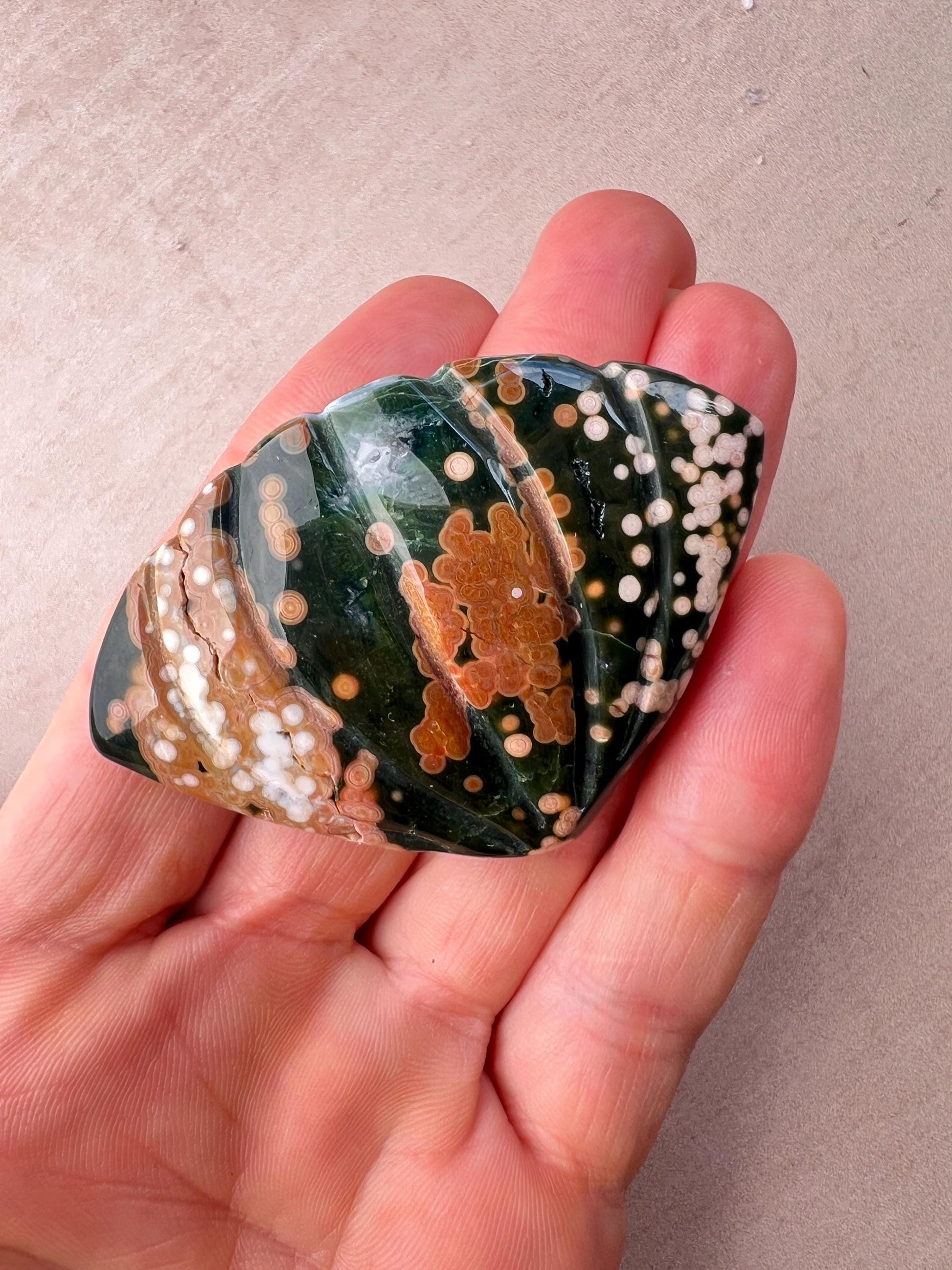 Rare Ocean Jasper Sea Shell Carving: Earthy Boho Beach Decor Specimen