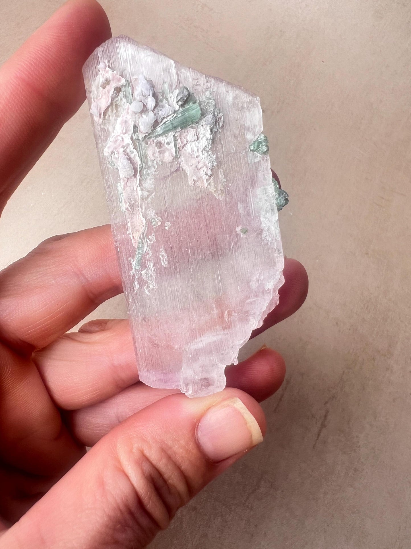 Kunzite Crystal with Green Tourmaline: Raw Spodumene from Afghanistan
