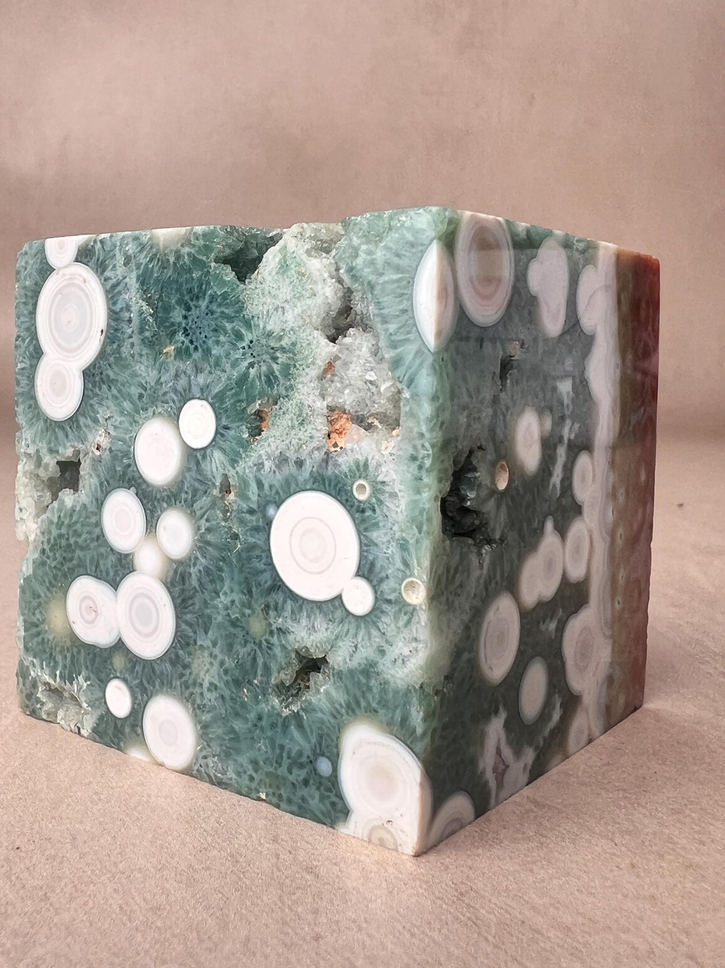Ocean Jasper Vein 1 Cube with Green druzy and Flower Orbs