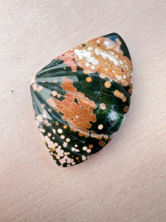 Rare Ocean Jasper Sea Shell Carving: Earthy Boho Beach Decor Specimen