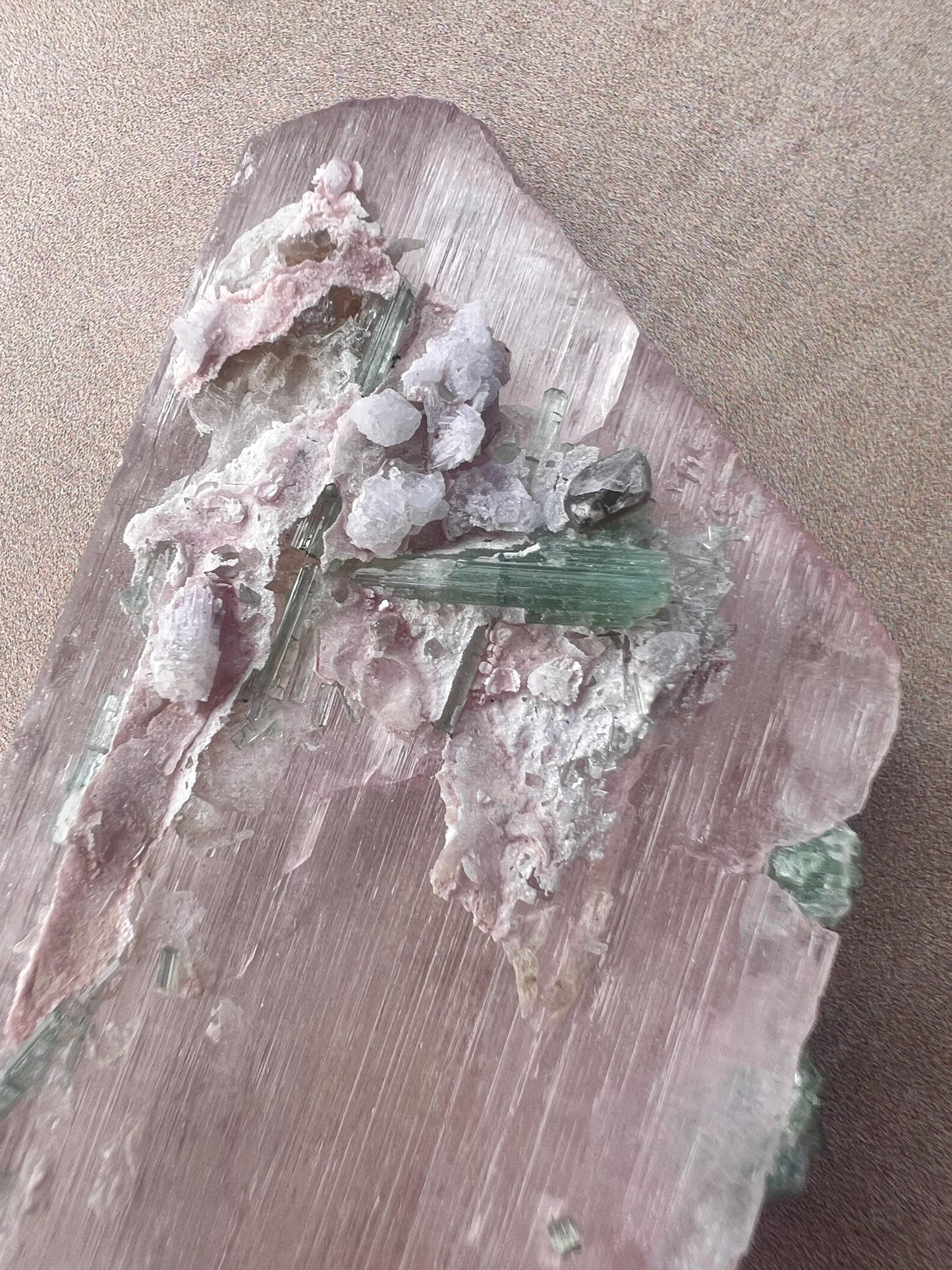Kunzite Crystal with Green Tourmaline: Raw Spodumene from Afghanistan