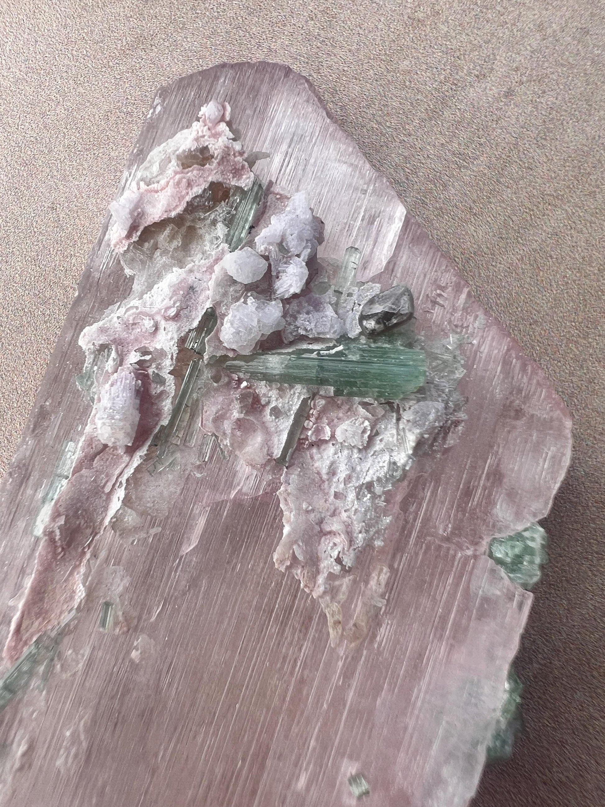 Kunzite Crystal with Green Tourmaline: Raw Spodumene from Afghanistan