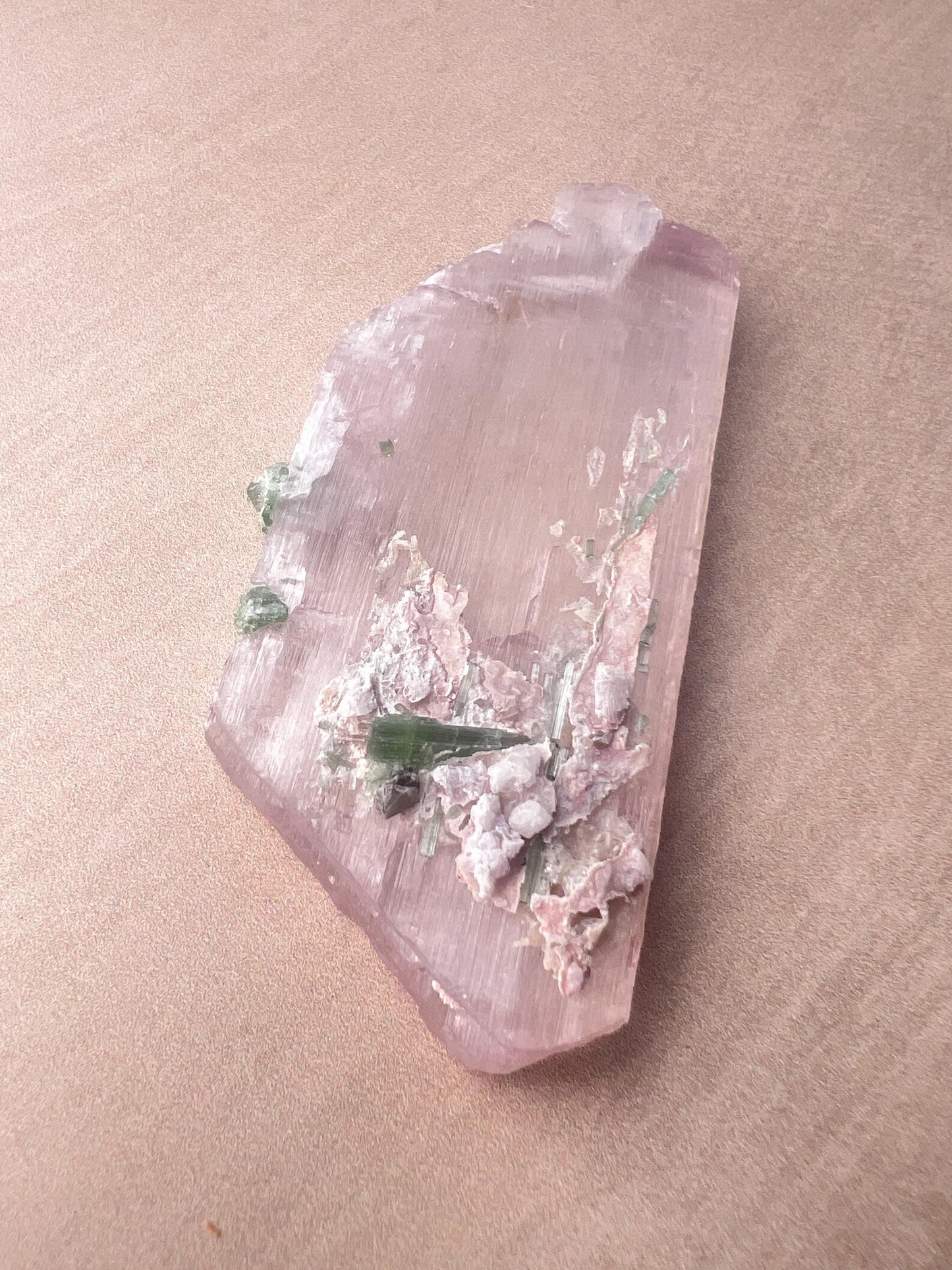 Kunzite Crystal with Green Tourmaline: Raw Spodumene from Afghanistan