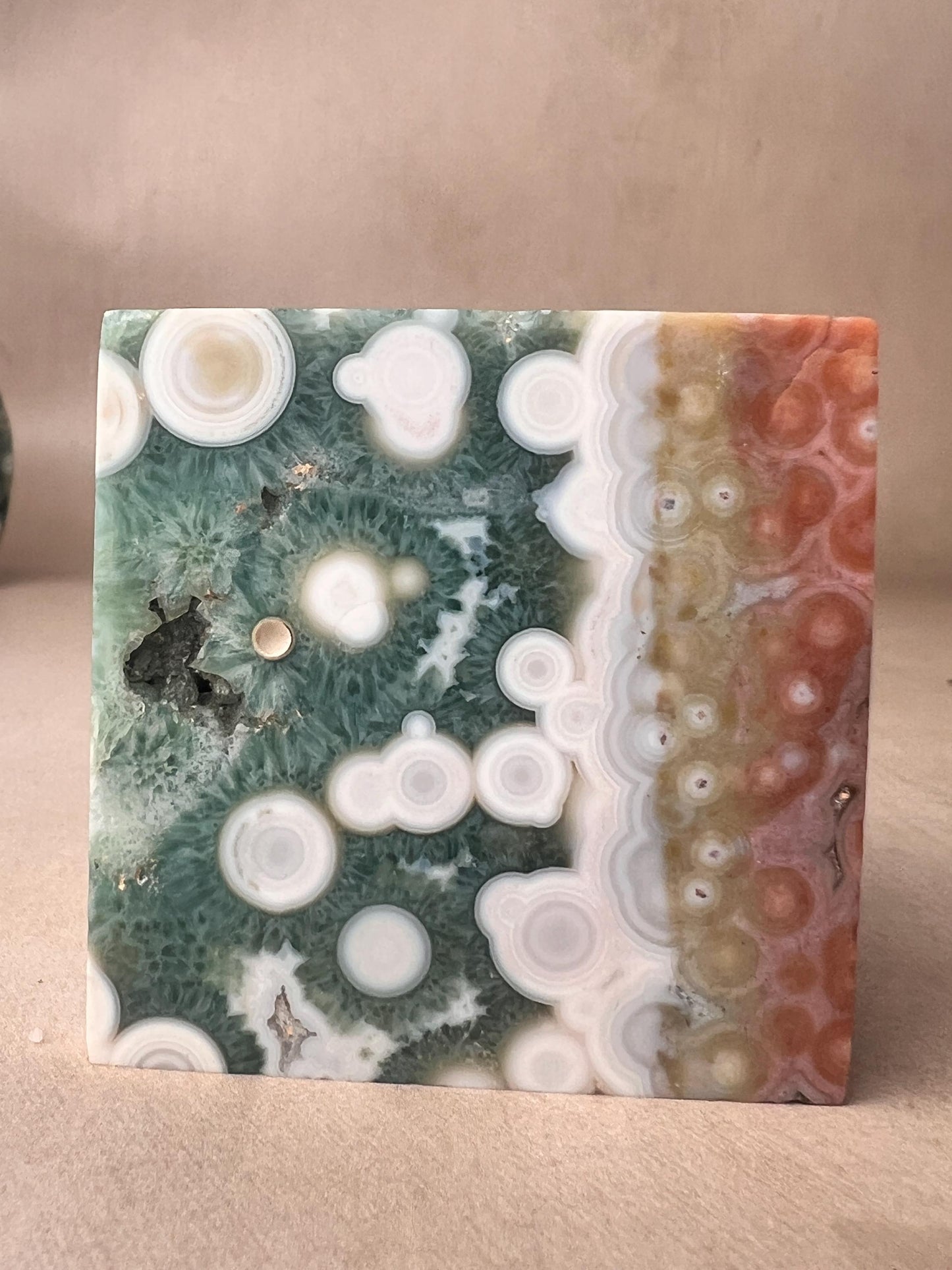Ocean Jasper Vein 1 Cube with Green druzy and Flower Orbs
