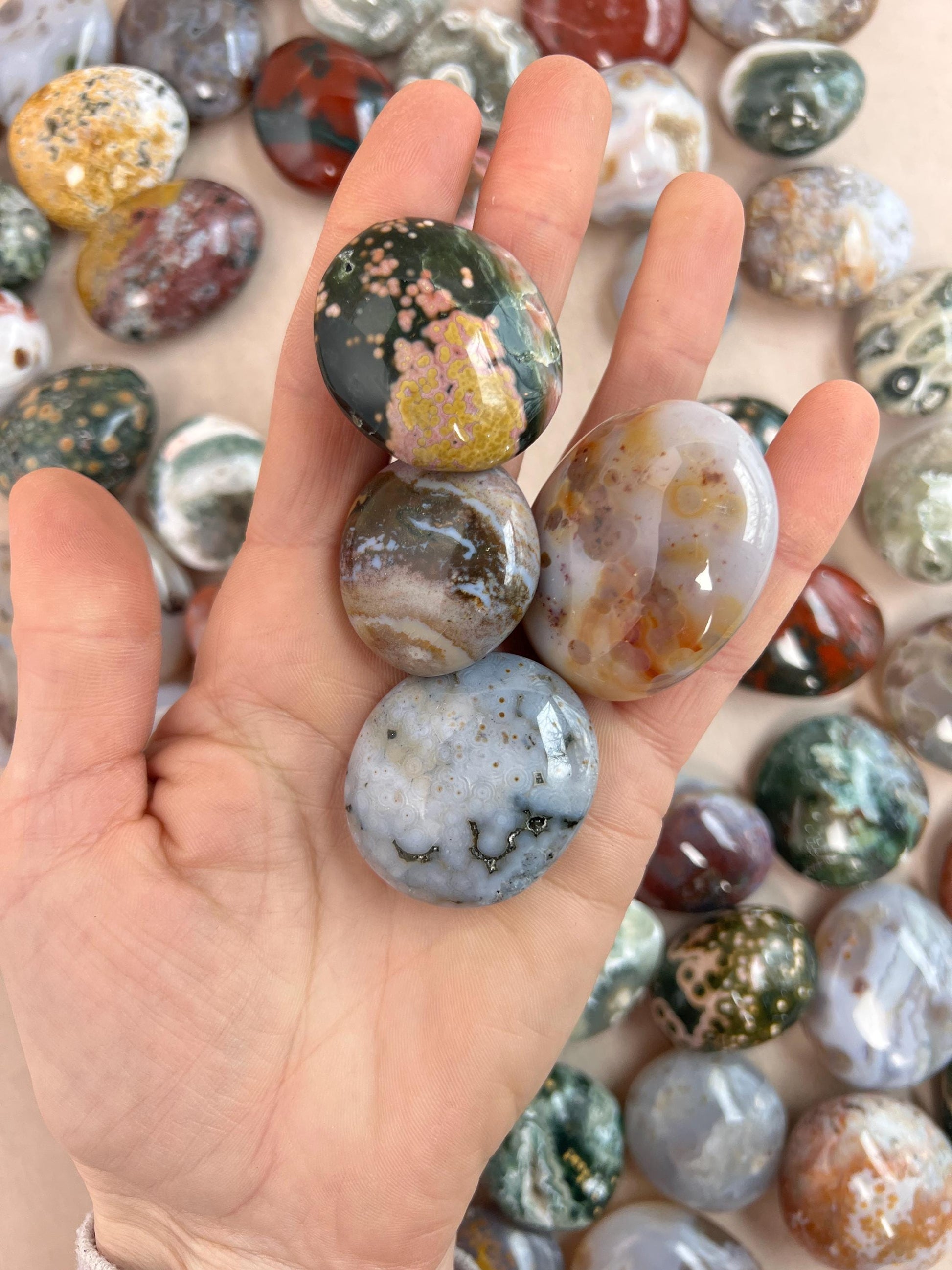Ocean Jasper Small Palm Stones: Mixed Vein Pocket Pieces