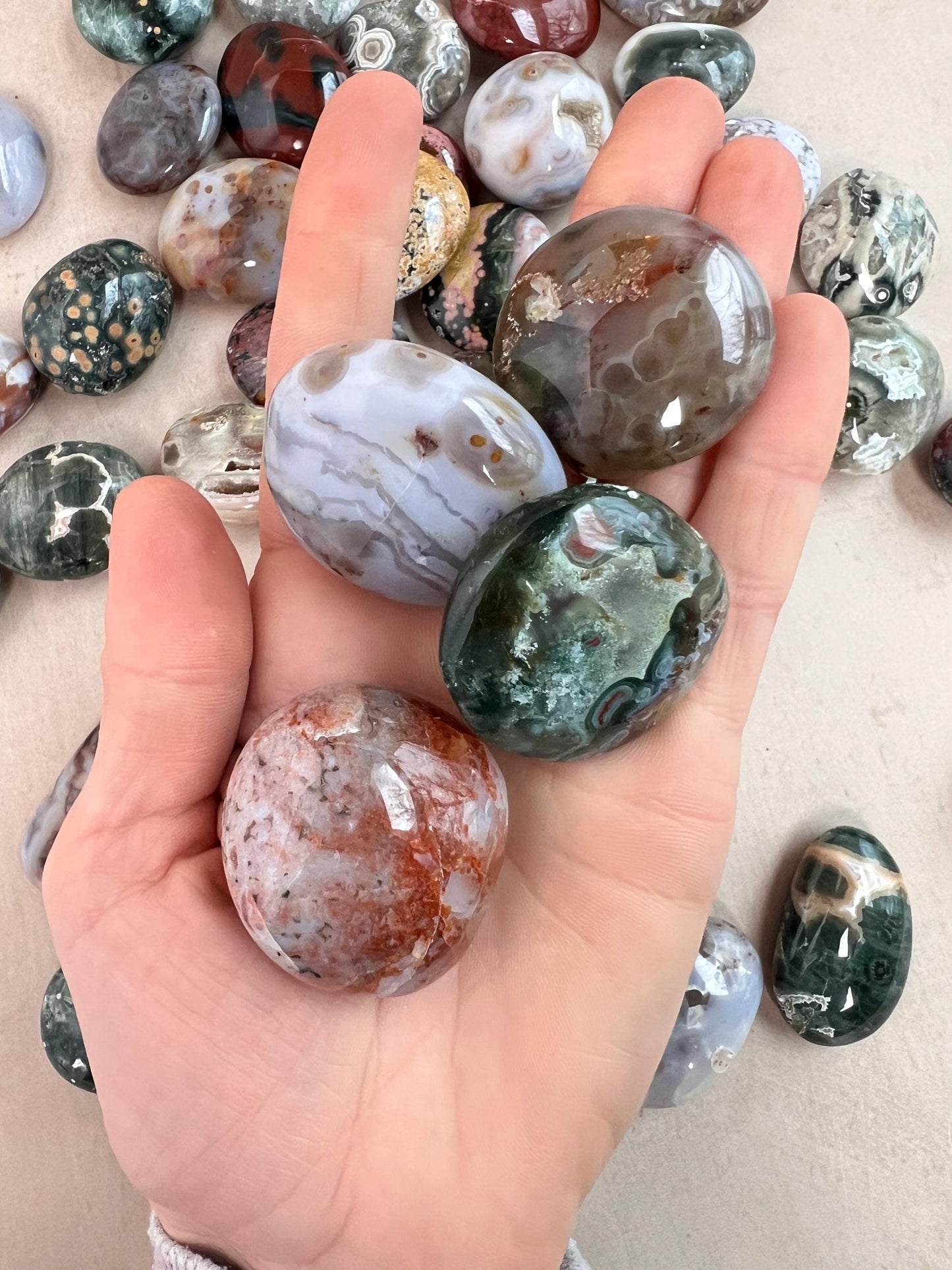 Ocean Jasper Small Palm Stones: Mixed Vein Pocket Pieces