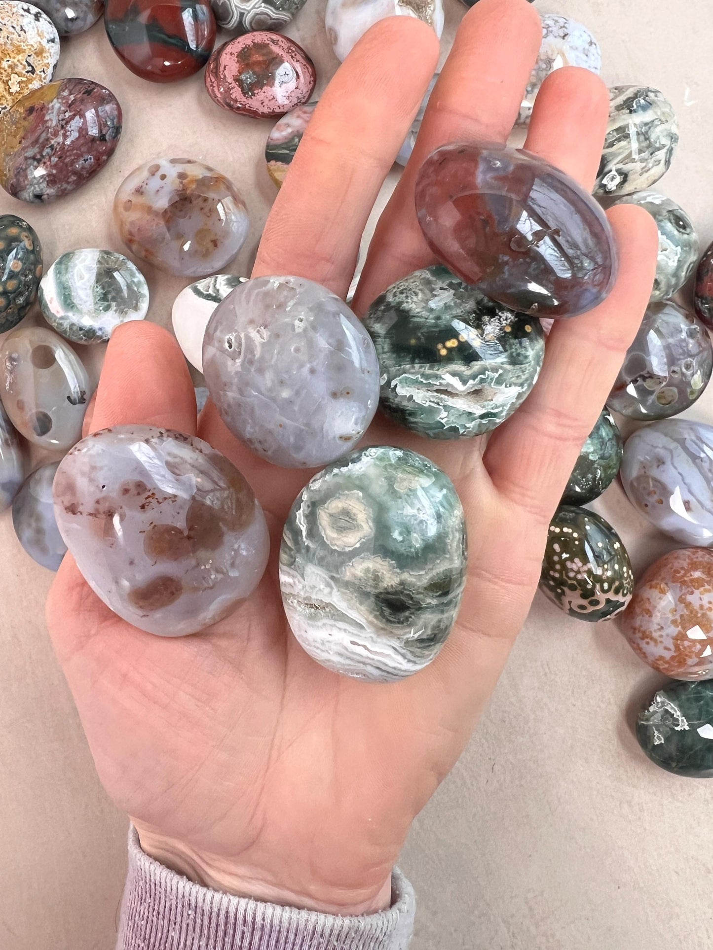 Ocean Jasper Small Palm Stones: Mixed Vein Pocket Pieces