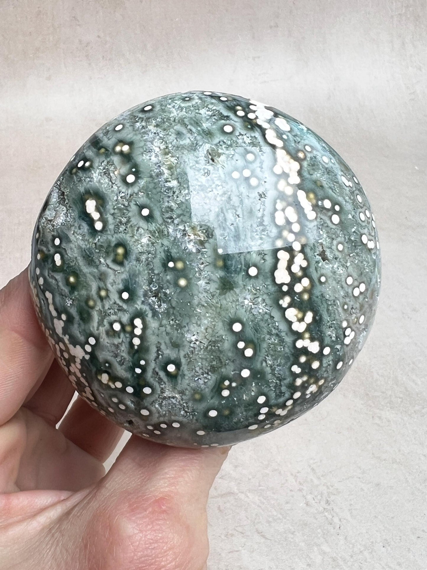 Hand Carved Ocean Jasper Mushroom: Veinless Green Druze