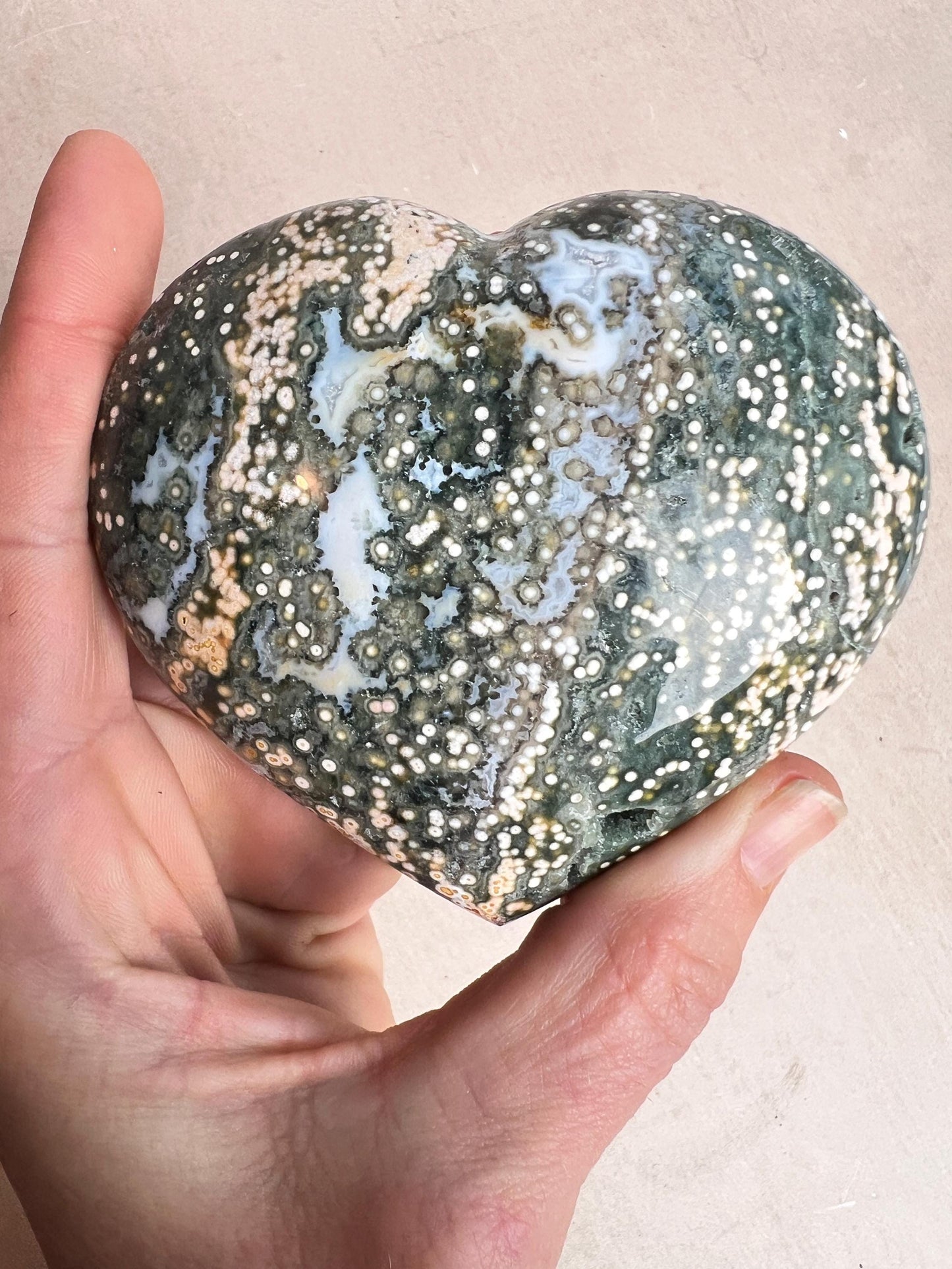 Ocean Jasper Heart Crystal : XL Veinless Carving