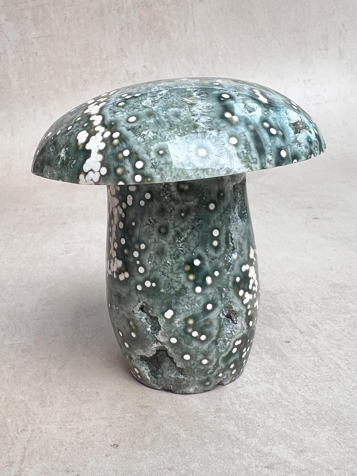 Hand Carved Ocean Jasper Mushroom: Veinless Green Druze