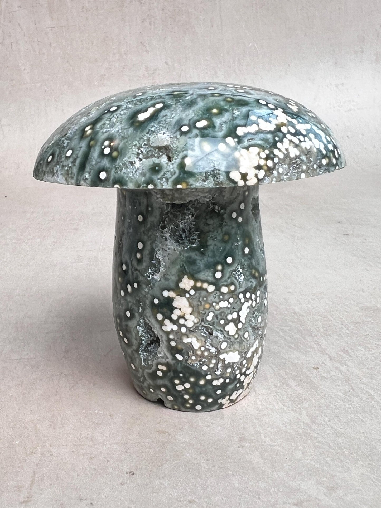 Hand Carved Ocean Jasper Mushroom: Veinless Green Druze