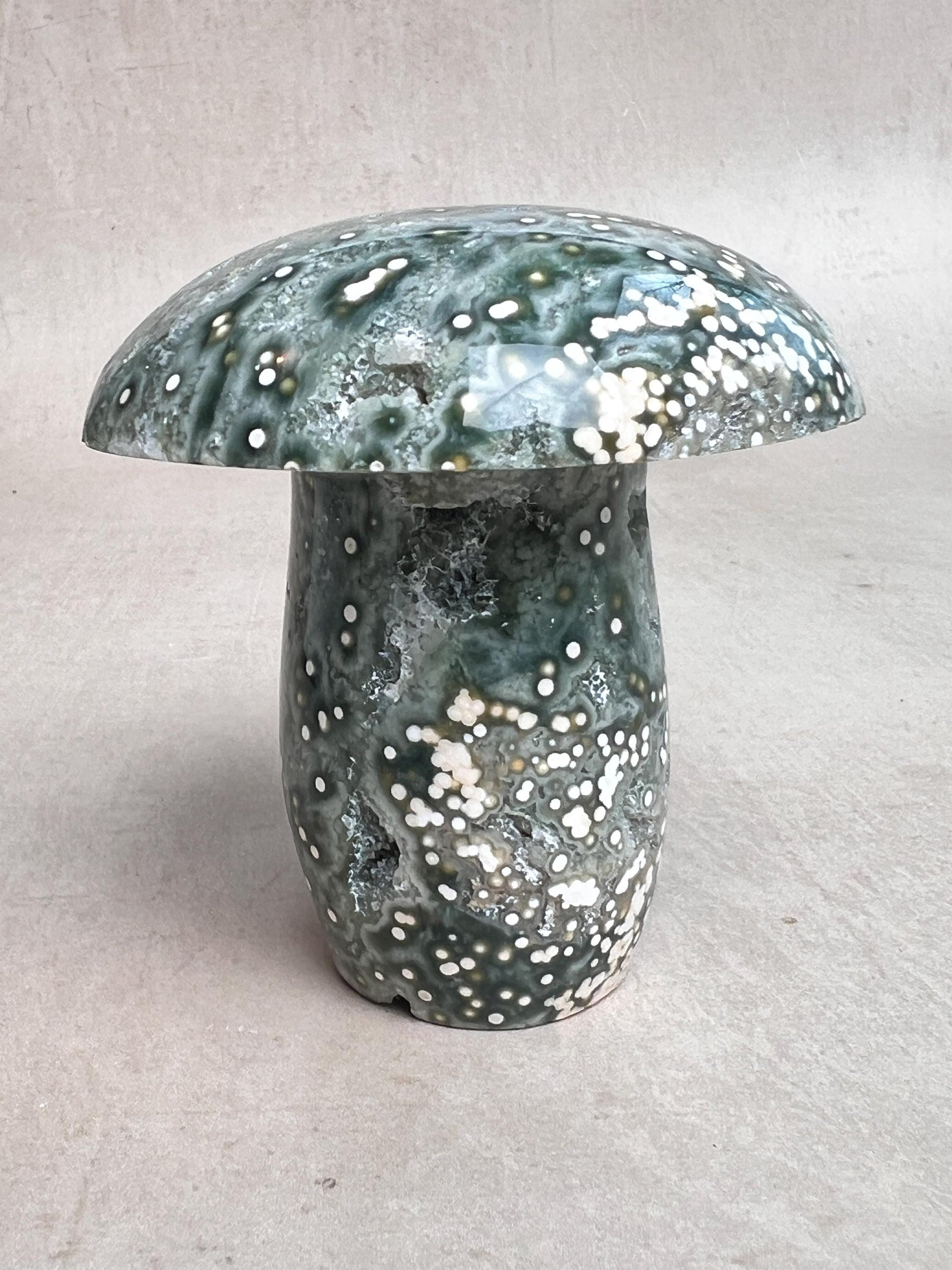Hand Carved Ocean Jasper Mushroom: Veinless Green Druze