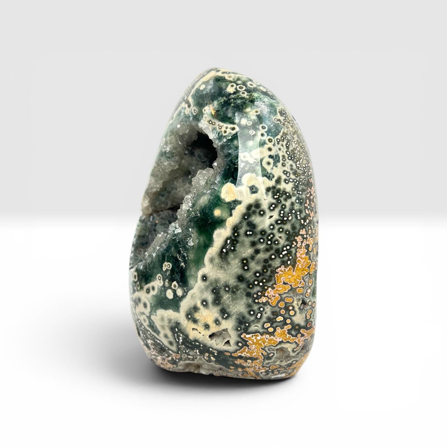 Rare Early Vein Ocean Jasper Free Form – Large Green Yellow Druzy Collector Crystal