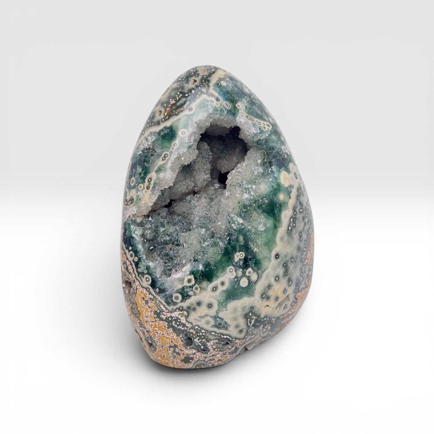 Rare Early Vein Ocean Jasper Free Form – Large Green Yellow Druzy Collector Crystal