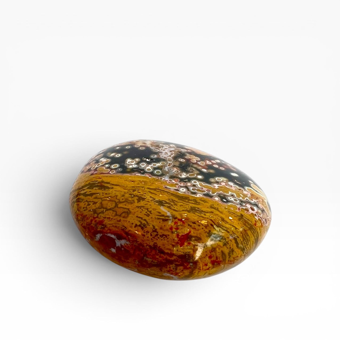 Marovato Ocean Jasper Palm Stone - Veinless Orbicular Jasper from Madagascar