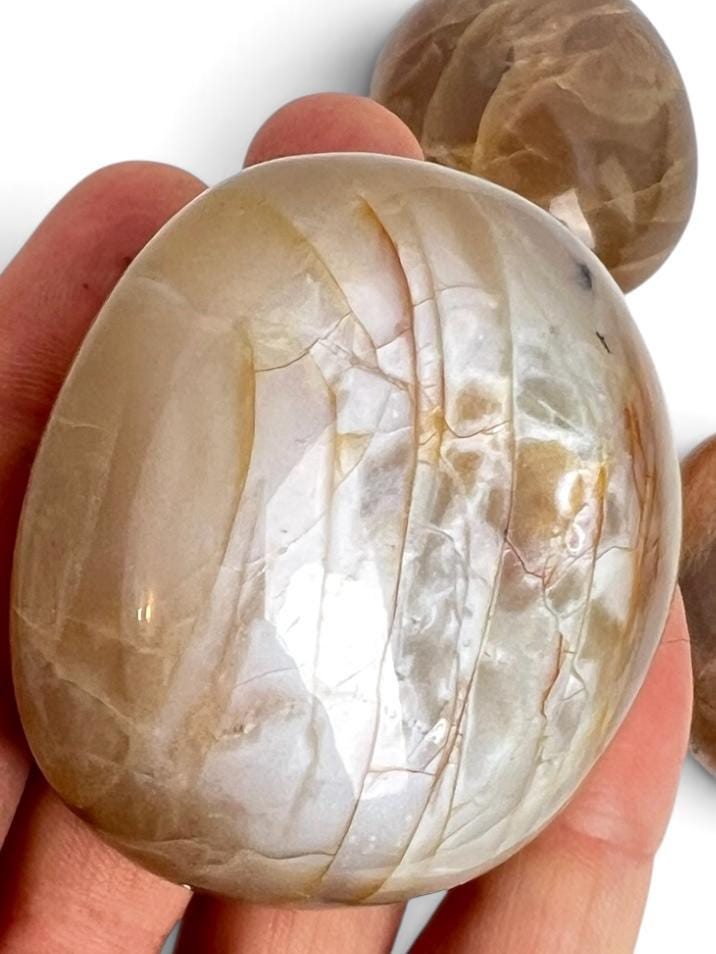 Peach Moonstone Palm Stone: Large Iridescent Polished Madagascar Feldspar