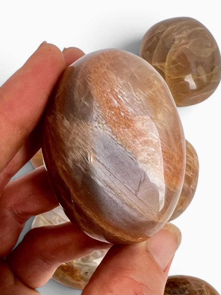 Peach Moonstone Palm Stone: Large Iridescent Polished Madagascar Feldspar