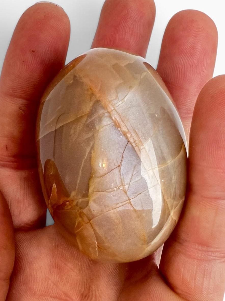 Peach Moonstone Palm Stone: Large Iridescent Polished Madagascar Feldspar