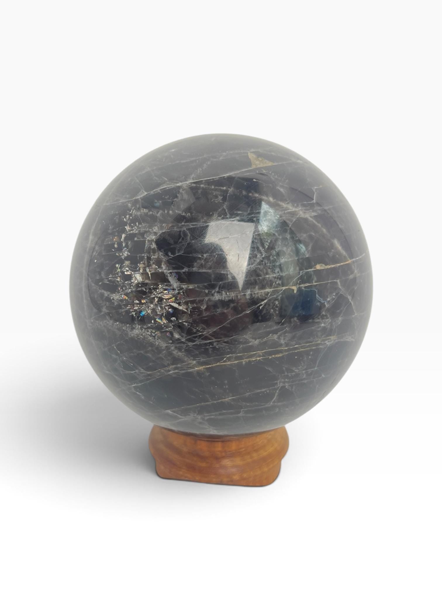 Black Moonstone Sphere : Flashy Adularescent Crystal Ball with Rainbow