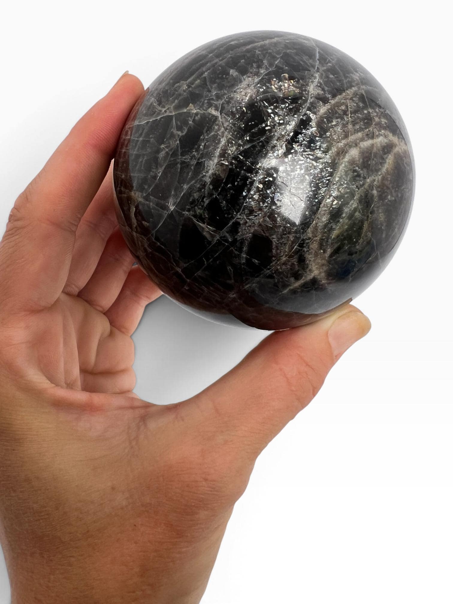 Black Moonstone Sphere : Flashy Adularescent Crystal Ball with Rainbow