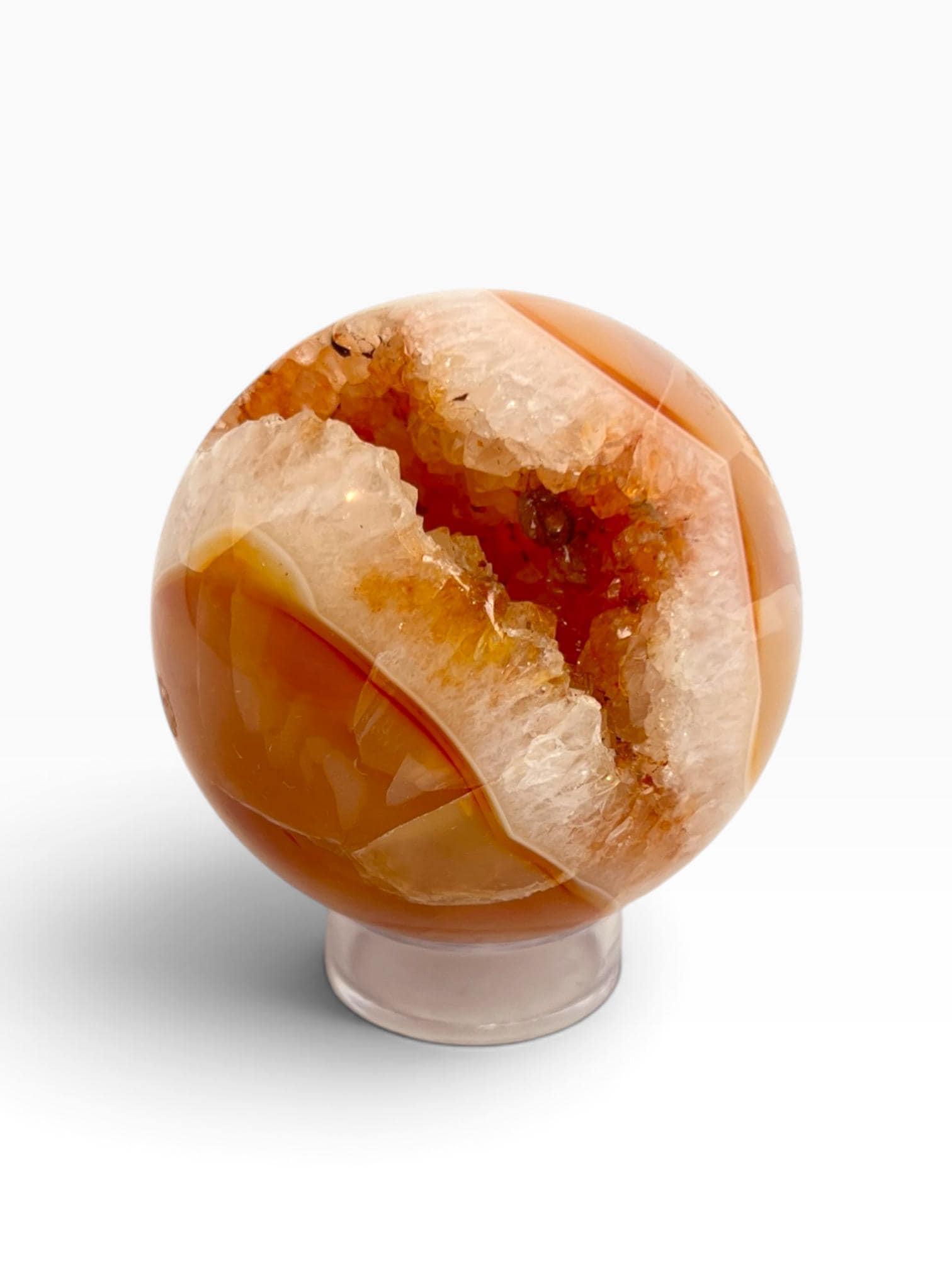 Carnelian Crystal Sphere: Large Madagascar Agate with Quartz Druzy