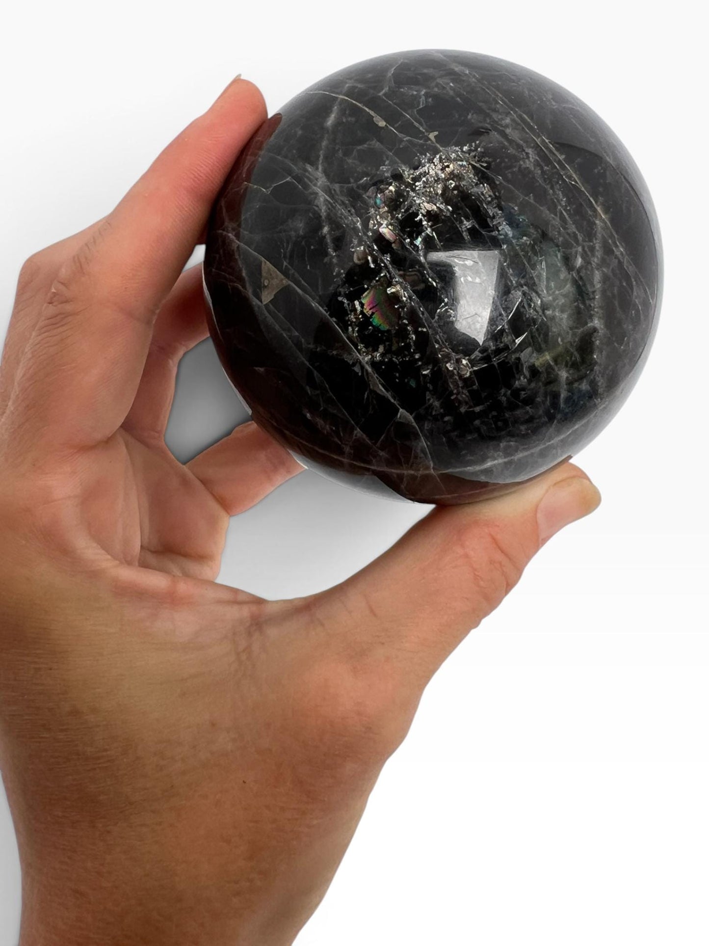 Black Moonstone Sphere : Flashy Adularescent Crystal Ball with Rainbow