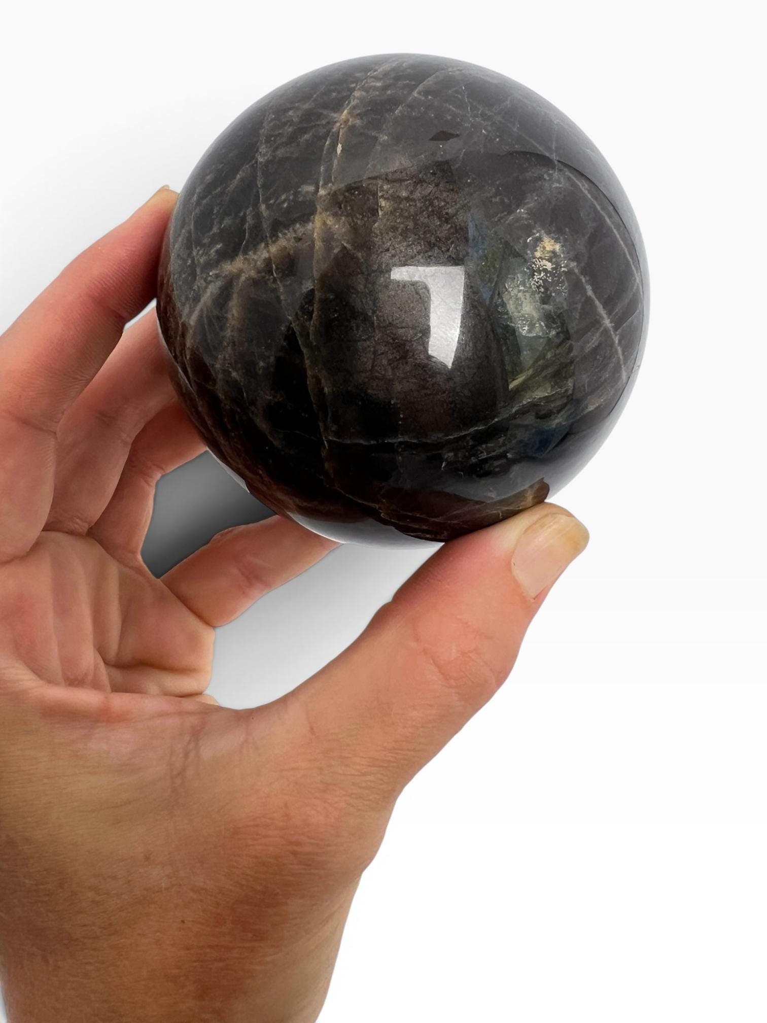 Black Moonstone Sphere : Flashy Adularescent Crystal Ball with Rainbow