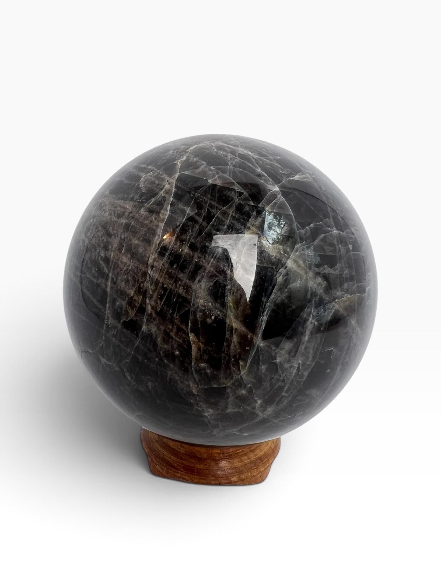 Black Moonstone Sphere : Flashy Adularescent Crystal Ball with Rainbow