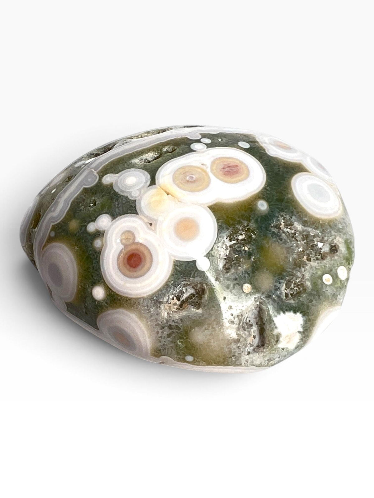 Ocean Jasper Palm Stone: Large Vein 5-6 crystal with Bullseye Orbs