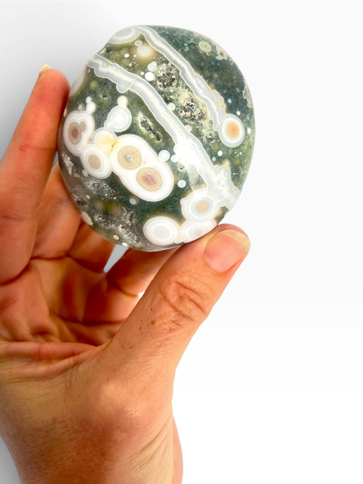 Ocean Jasper Palm Stone: Large Vein 5-6 crystal with Bullseye Orbs