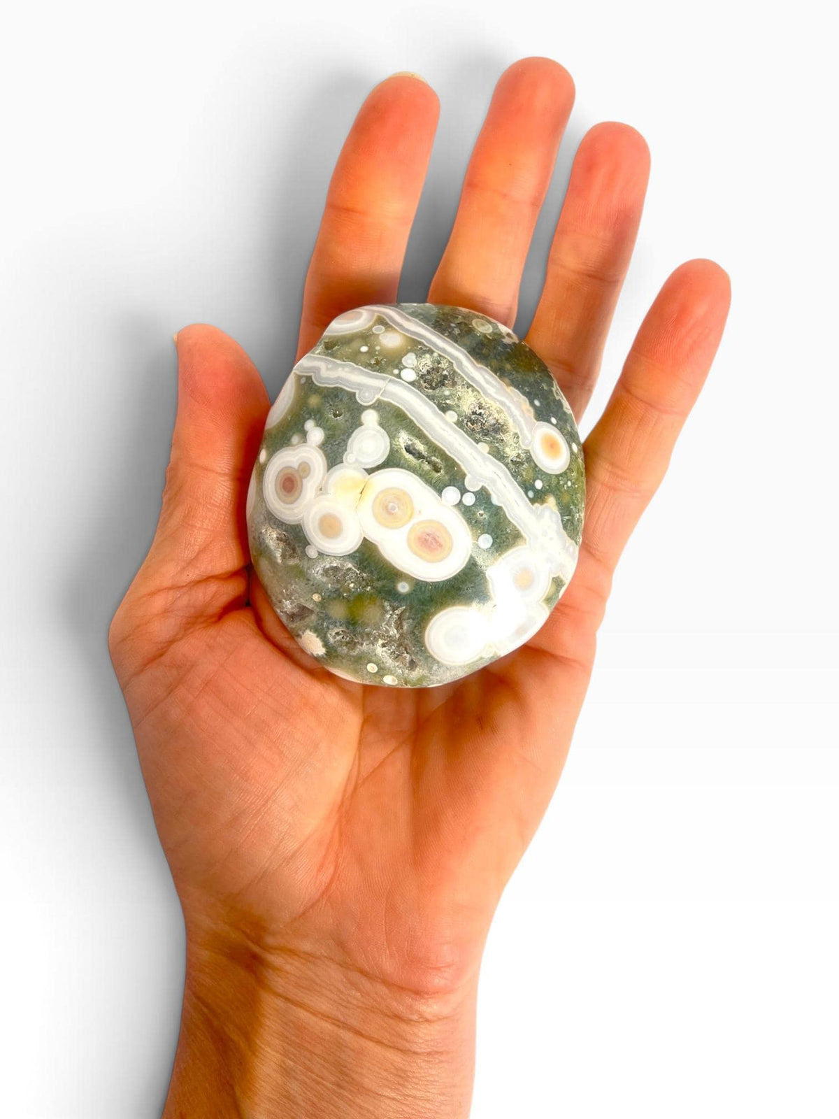 Ocean Jasper Palm Stone: Large Vein 5-6 crystal with Bullseye Orbs