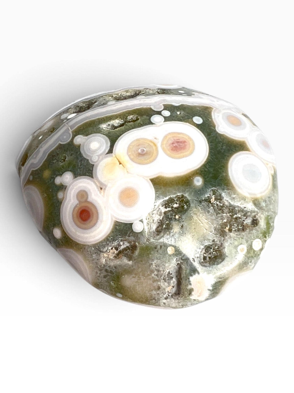 Ocean Jasper Palm Stone: Large Vein 5-6 crystal with Bullseye Orbs